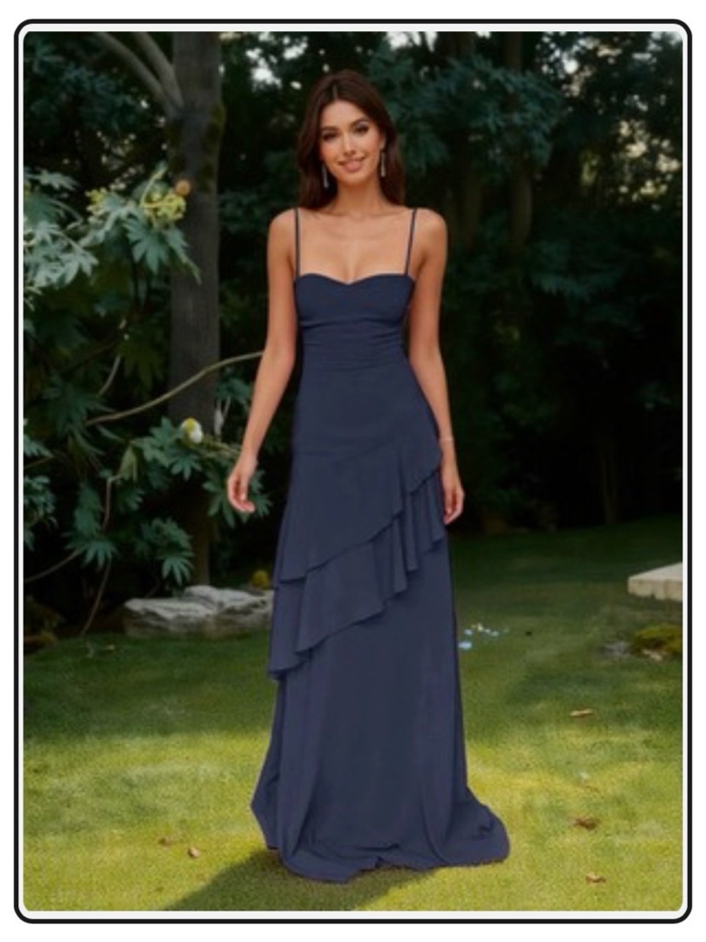 Cicinia Elegant Navy Spaghetti-Strap Ruffle Maxi Dress Prom